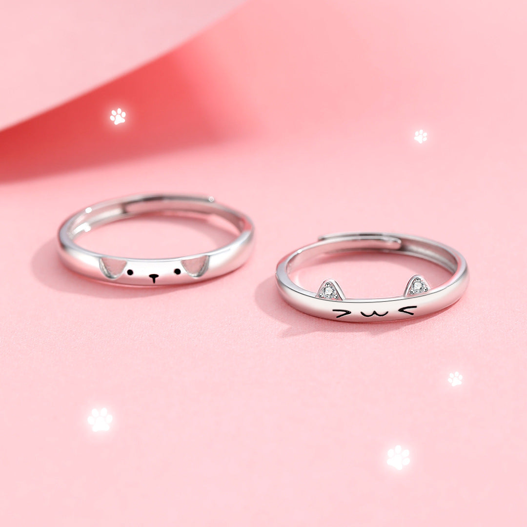 Planderful S925 Sterling Silver Cat And Dog Love Ring Adjustable Opening For Pet Lovers Cartoon Style