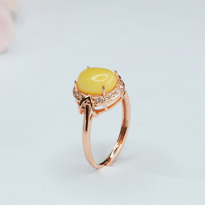 Golden Halo Adjustable Ring with Beeswax Amber Gem