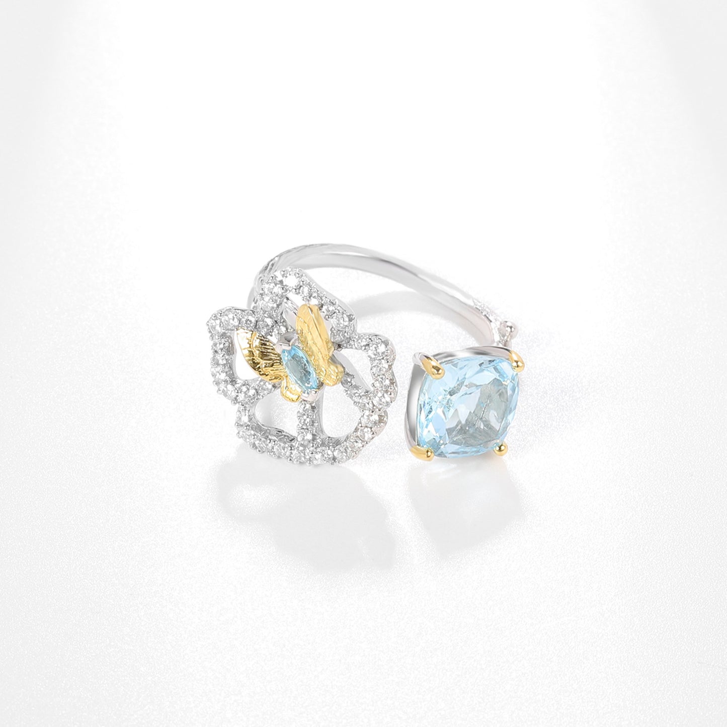 Butterfly Blossom Cushion Cut Natural Gemstone Opening Silver Ring