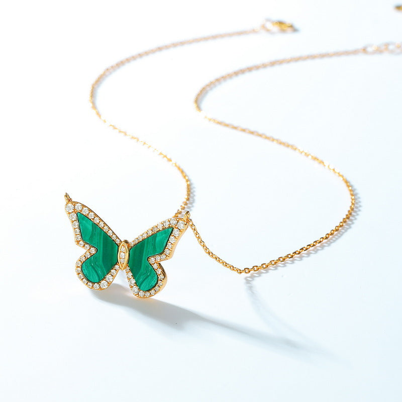 Zircon Malachite Butterfly Pendant Sterling Silver Necklace