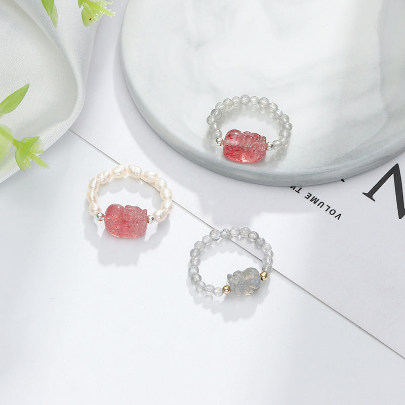 Strawberry Crystal and Pearl Sterling Silver Ring with Pixiu Design