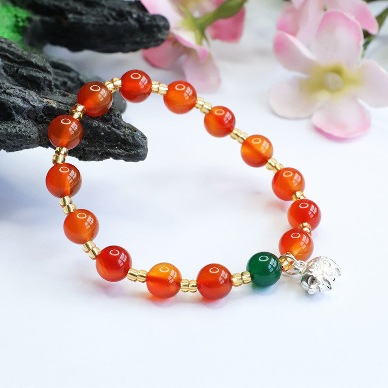 Red Agate and Green Chalcedony Elephant Blessing Bracelet in Sterling Silver
