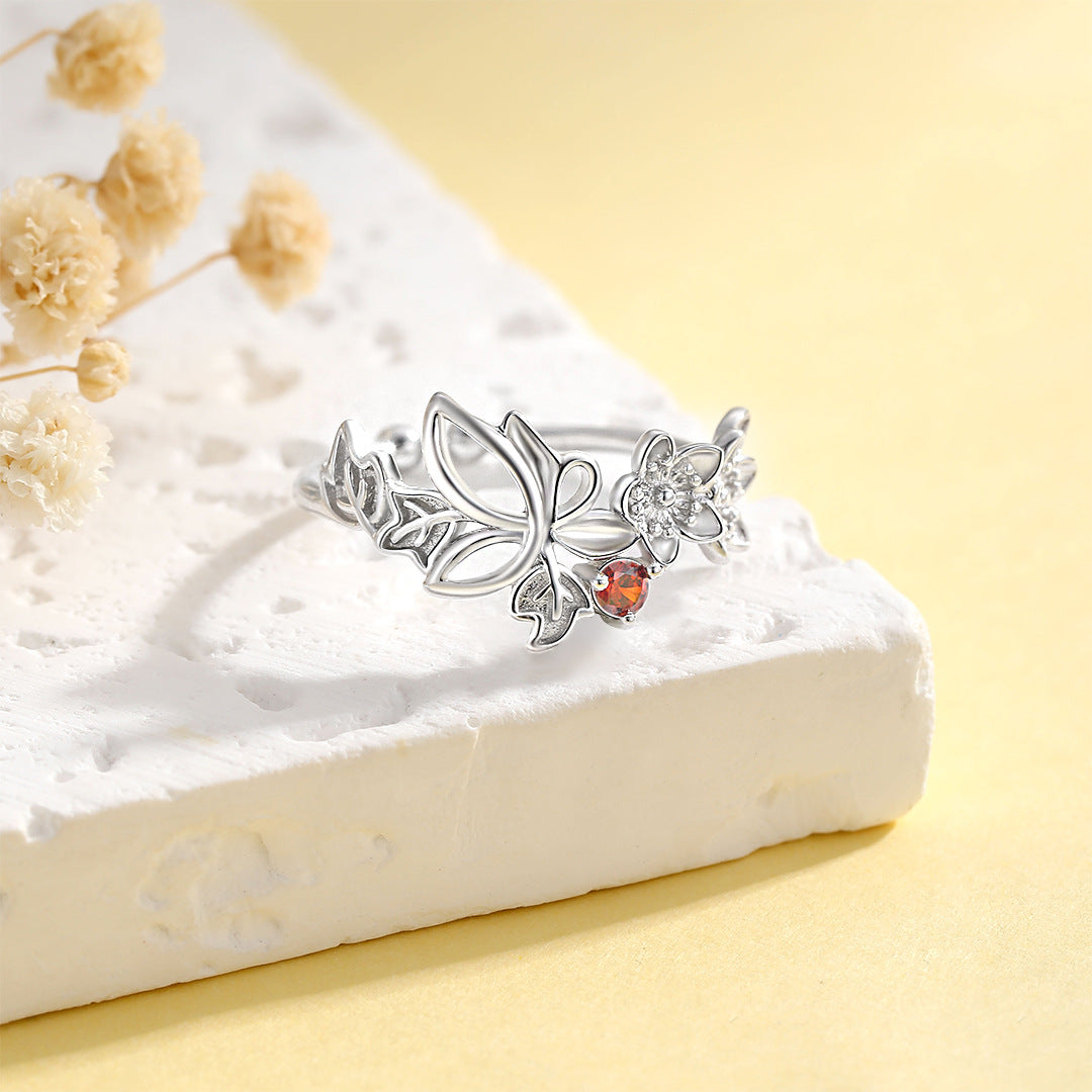 Planderful Luxurious Medieval Butterfly Ring Red Zircon For Women S925 Sterling Adjustable Opening Vintage Style