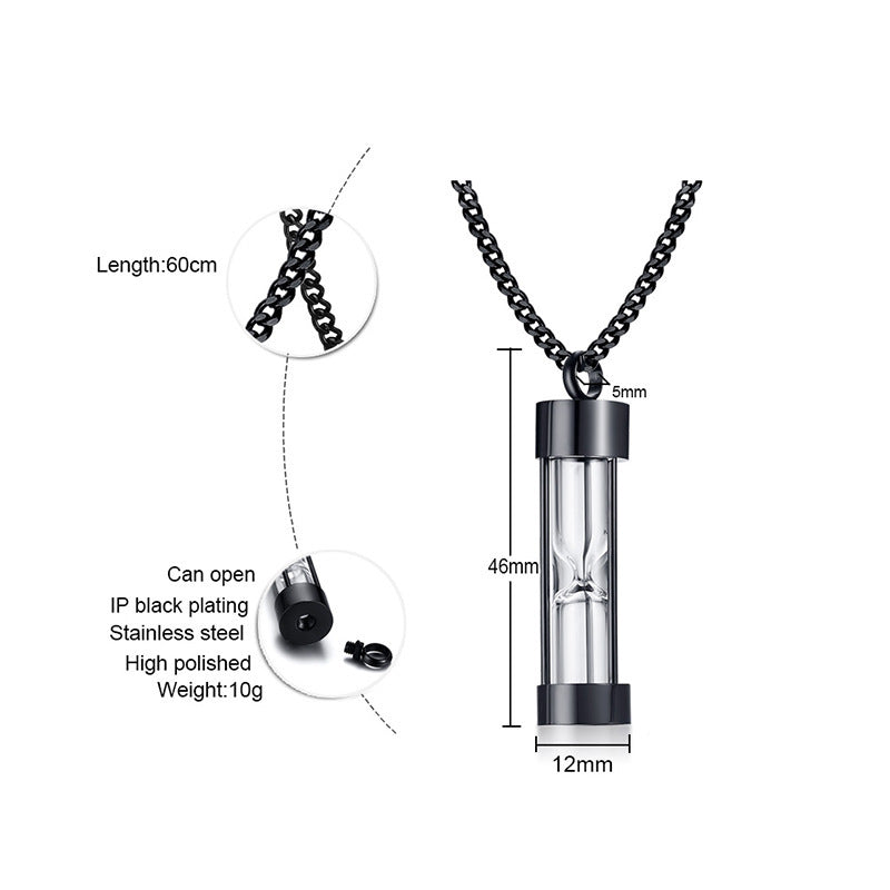 Stainless Steel Glass Hourglass Urn Pendant Necklace for Men
