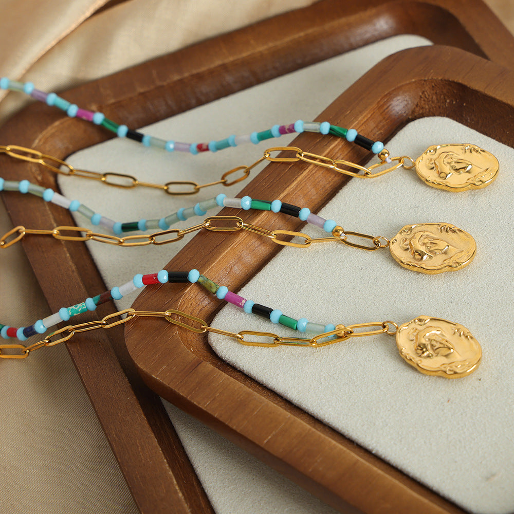 Chic Handcrafted Natural Stone Pendant Necklace with Gold-Plated Chains