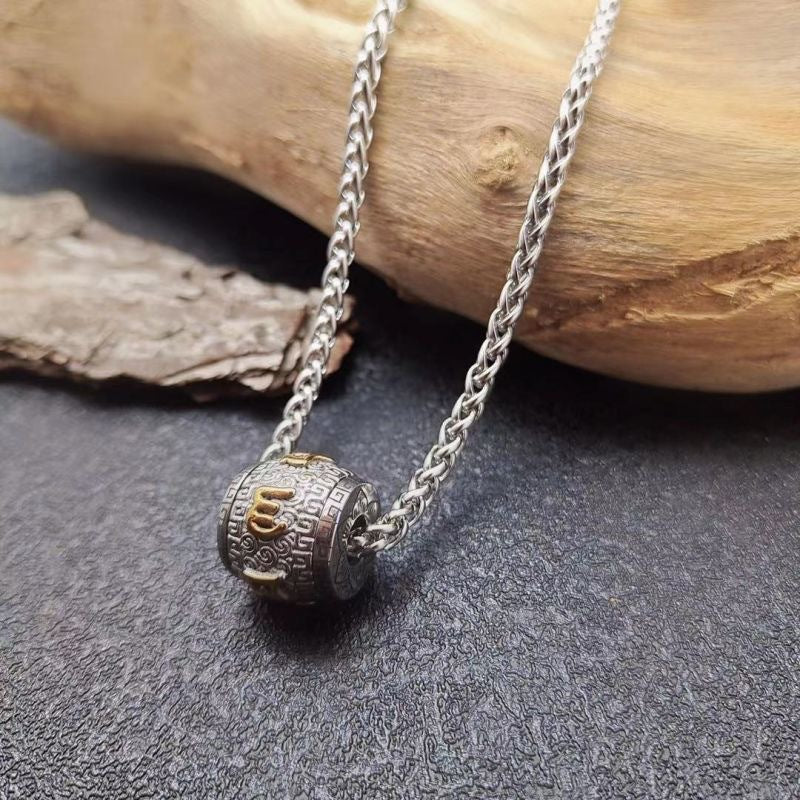 Planderful Mens Stainless Steel Necklace For Men With Rotating Mantra Beads Kinetic Pendant