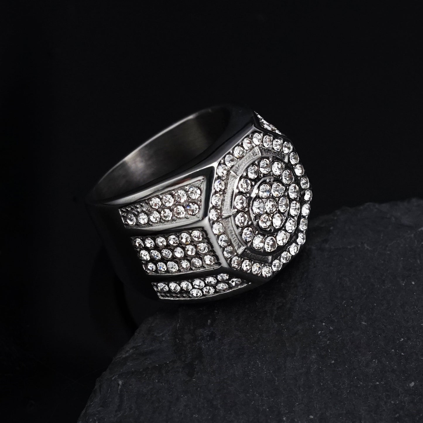 Planderful Stainless Steel Octagon Ring With Zircon Stones Hip Hop Luxury Bold Unisex Statement For Men And Women