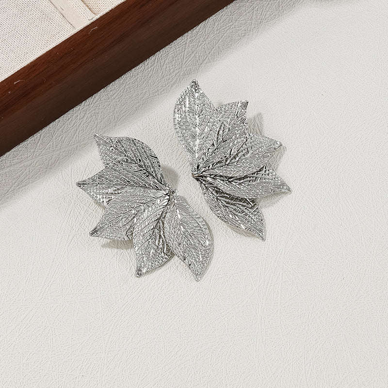 Luxurious Metal Fan-Shaped Leaf Stud Earrings - Vienna Verve Collection