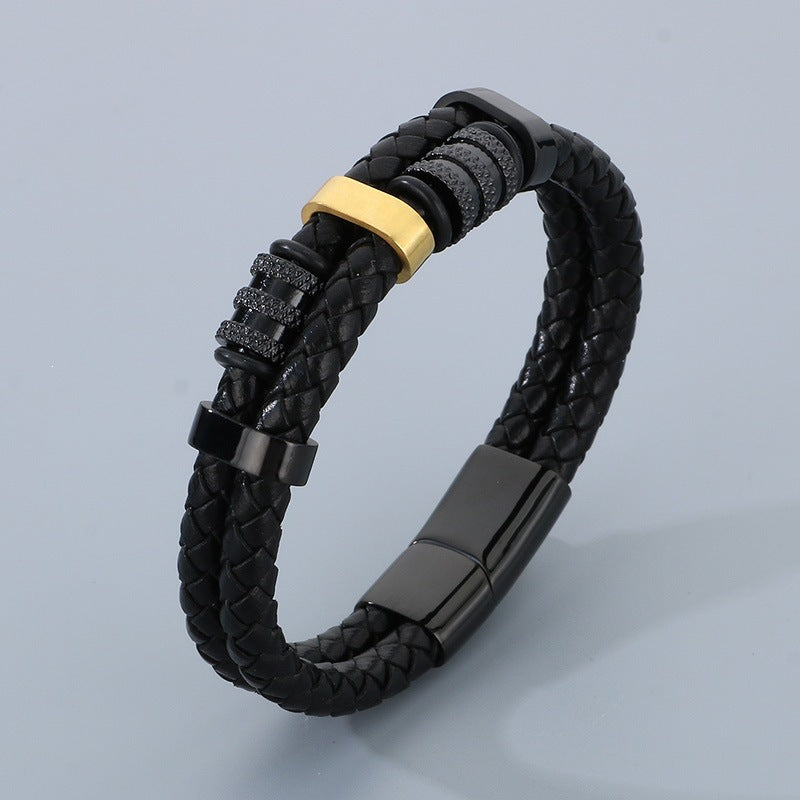 Business Style Double-Strand Woven Leather Rope Bracelet – Punk Stainless Steel Beaded