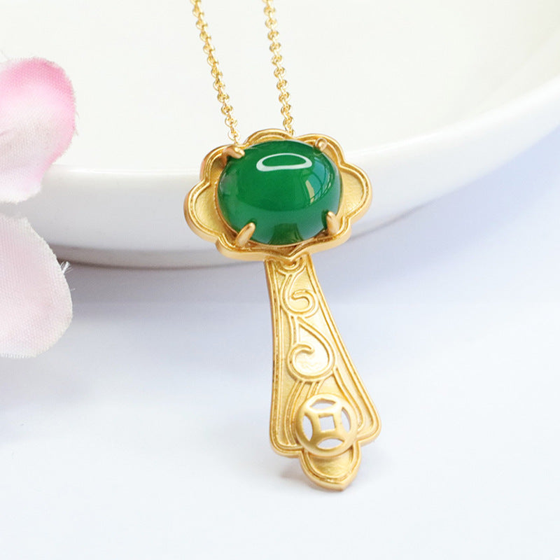 Chinese New Jewelry: Sterling Silver Oval Green Chalcedony Ruyi Pendant Necklace