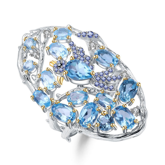 Bird In Jungle Natural Blue Topaz Oval Silver Ring