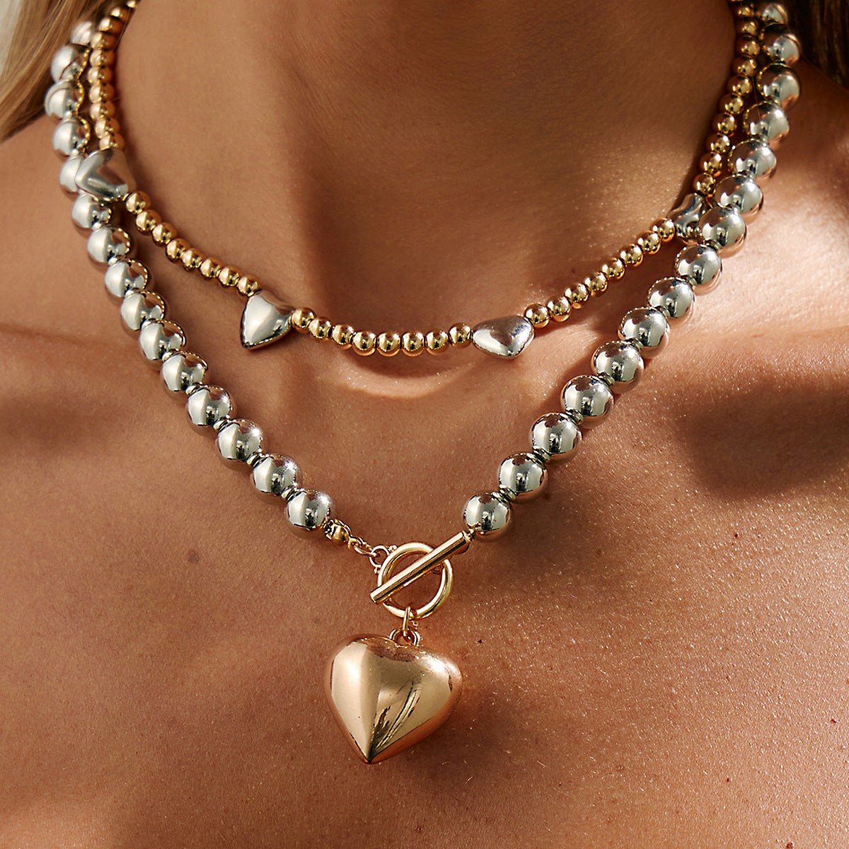 Heart Pendant Double-Layer Beaded Necklace Set