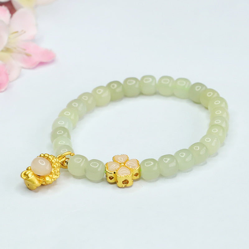 Xiaofo Four Leaf Grass Sterling Silver Bracelet with Natural Hotan Jade