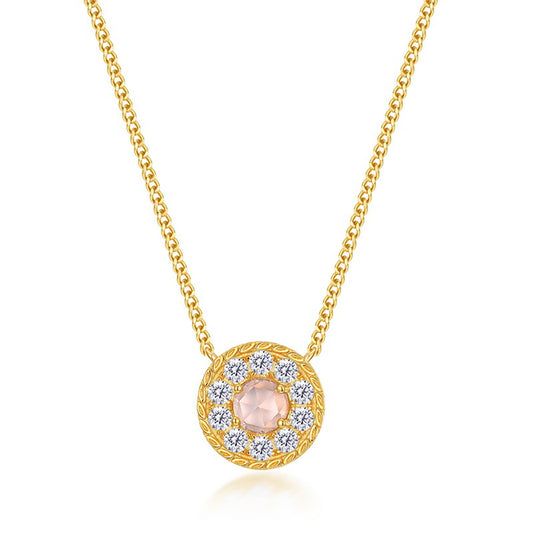 Halo Round Cut Pink Crystal Disc Pendant Necklace