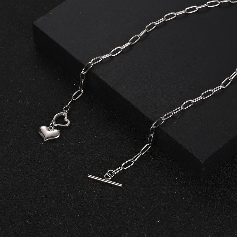 Planderful Jewelry Steel Buckle Pendant Necklace for Women Peach Heart Three Dimensional Love Collarbone Chain