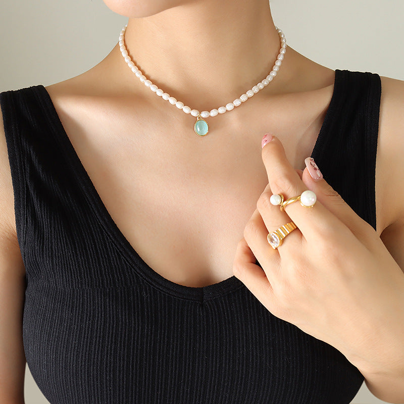 China-Chic Cat's Eye Stone Pendant Necklace with Freshwater Pearl Beading