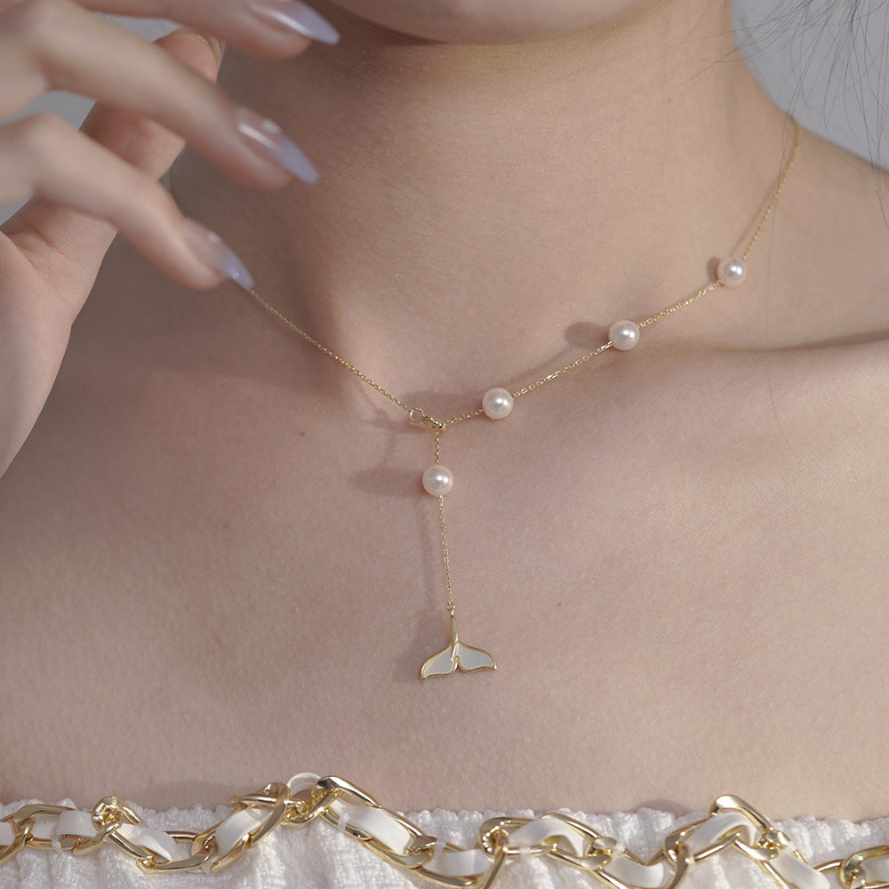 Mermaid Tail Pearl Tassel Silver Necklace