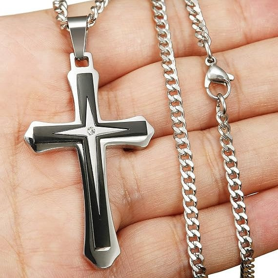 Planderful Titanium Steel Cross Necklace For Men Non Fading Hip Hop Pendant Chain