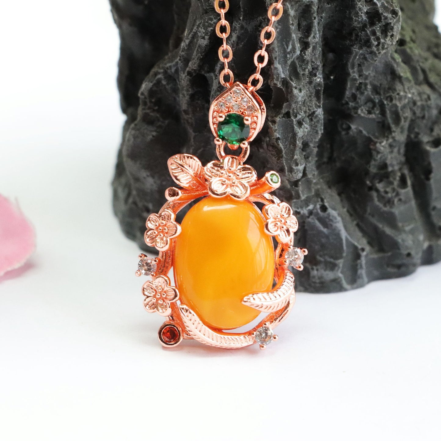 Amber Beeswax Pendant with Zircon Garland Necklace - Sterling Silver Necklace