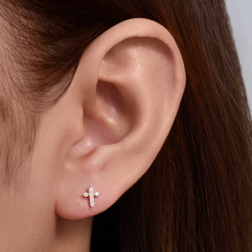Planderful S925 Sterling Silver Cross Earrings With Zircon Flat Head For Cartilage Piercing Lovers