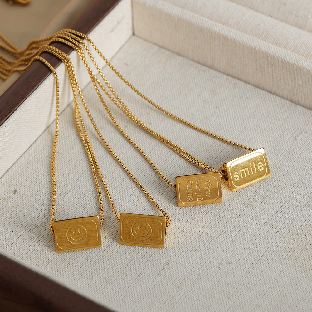 Geometric Elegance: Titanium Steel Gold-Plated Necklace with Smiley Face Ornament