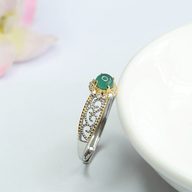 Blue-Water Jadeite Cabochon 925 Silver Ring