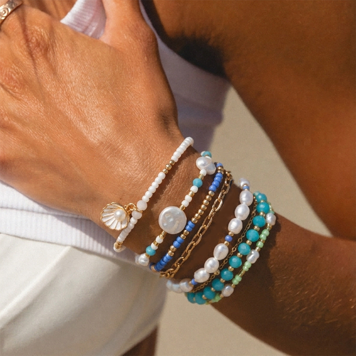 Imitation Pearl Beaded Bracelet Multi Layer Scallop Design Holiday Style By Planderful Vienna Verve For Women