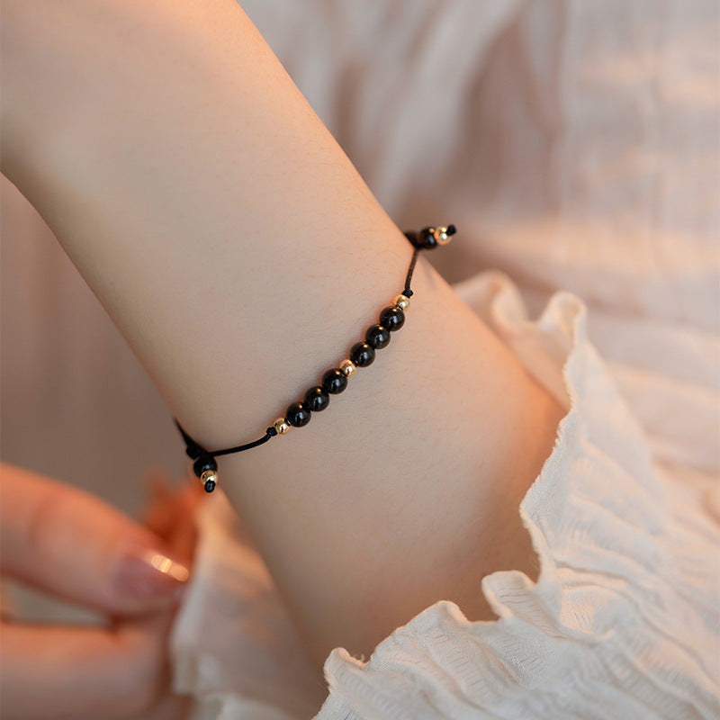 Fortune's Favor Sterling Silver Crystal and Obsidian Bracelet with 14k Gold Plated Lucky Gold Bead