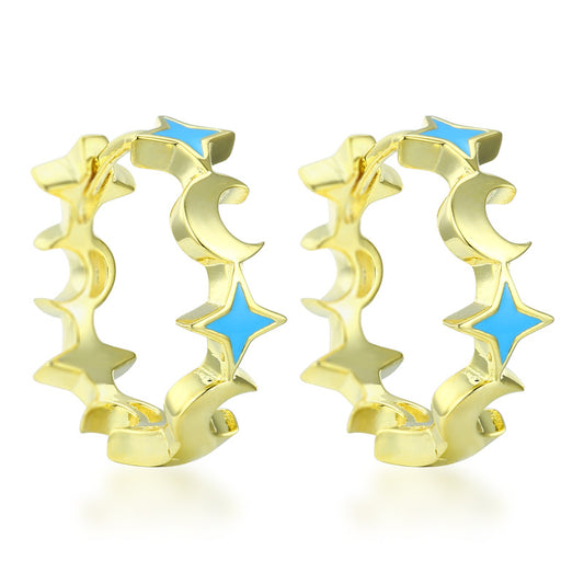 Blue Star and Moon Sterling Silver Hoop Earrings