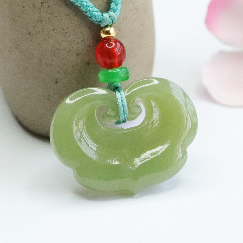 Jade Lake Green Ruyi Pendant Necklace with Sterling Silver Needle