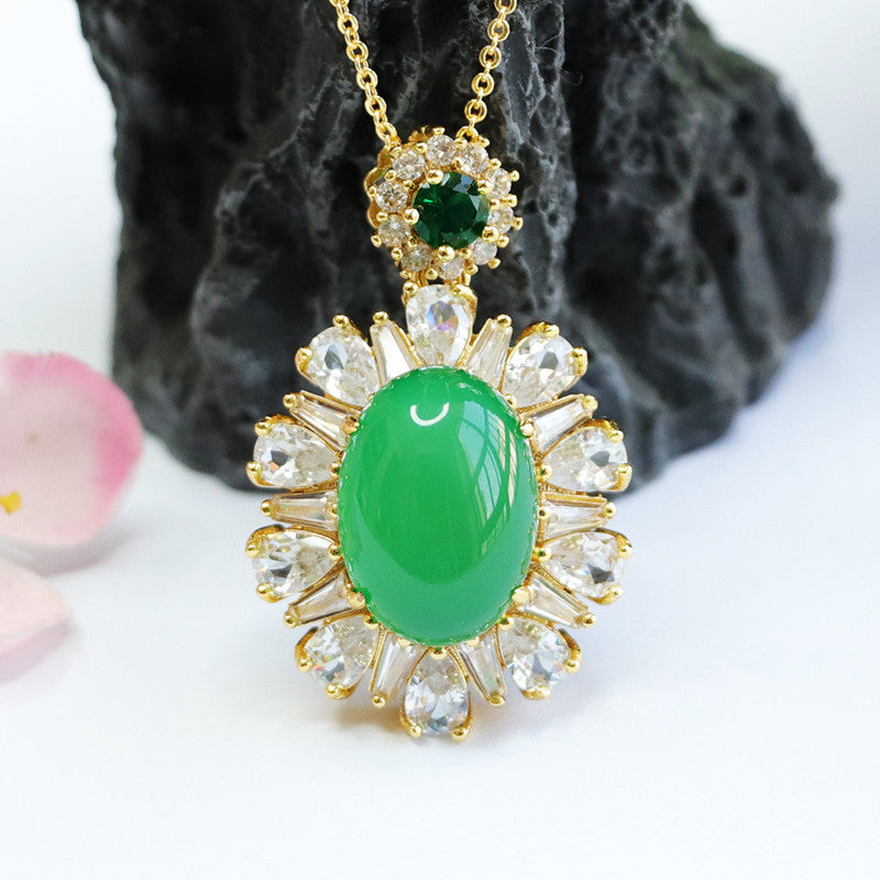 Rich Zircon Necklace with Natural Green Chalcedony Pendant