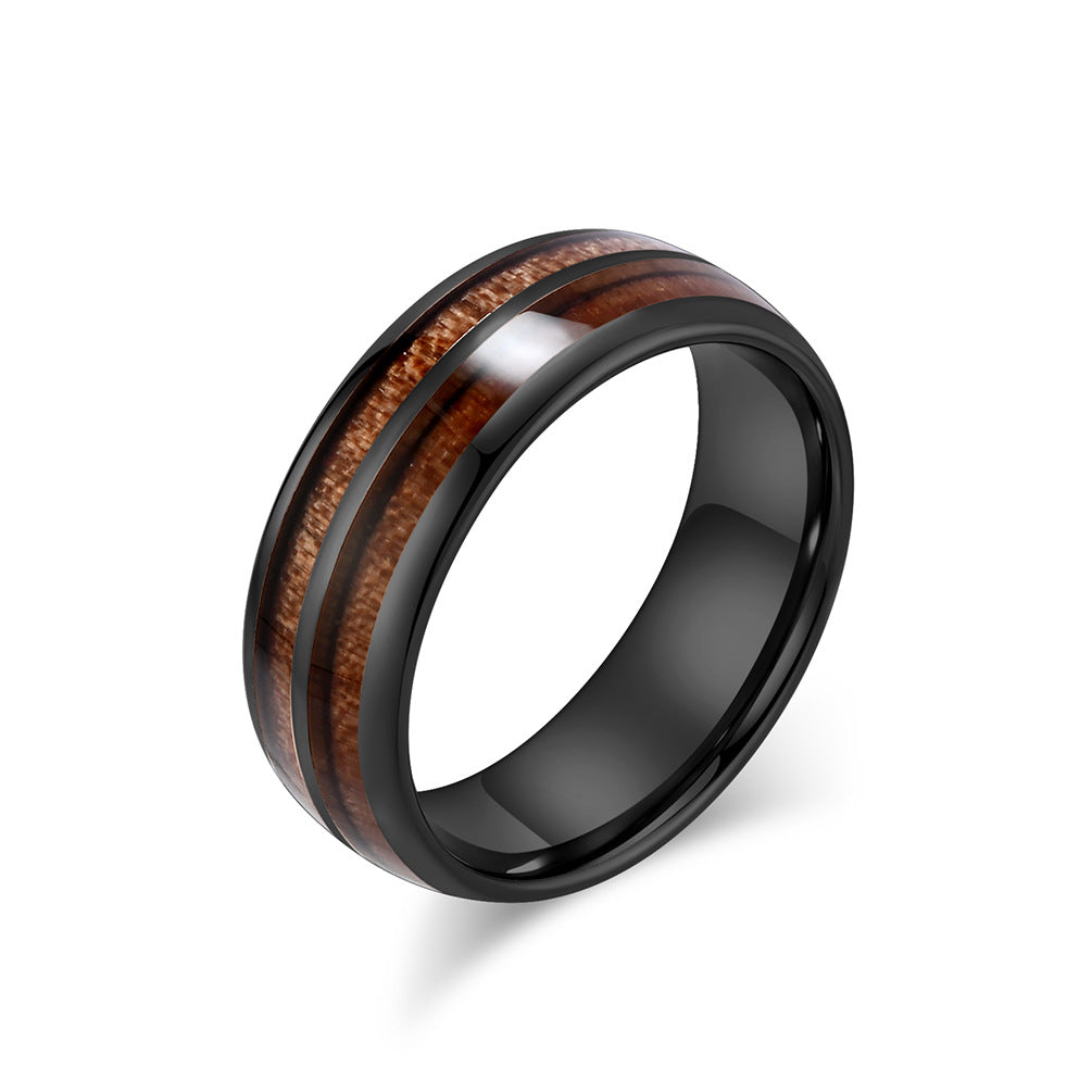 Planderful Tungsten Steel Ring With Parquet Wood Inlay Double Groove Unisex Couple Ring