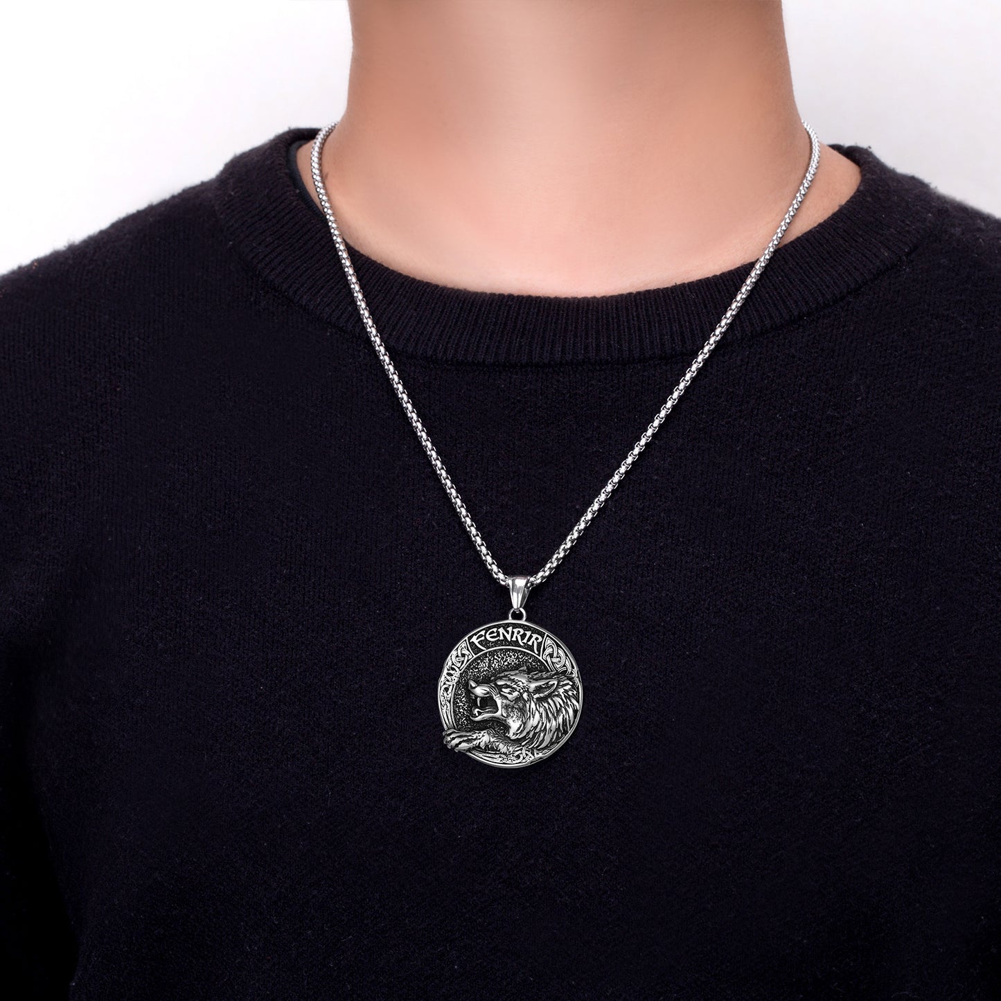 Steel Necklace - Statement Nordic Fenrir Wolf Viking Odin Pendant For Men By Planderful