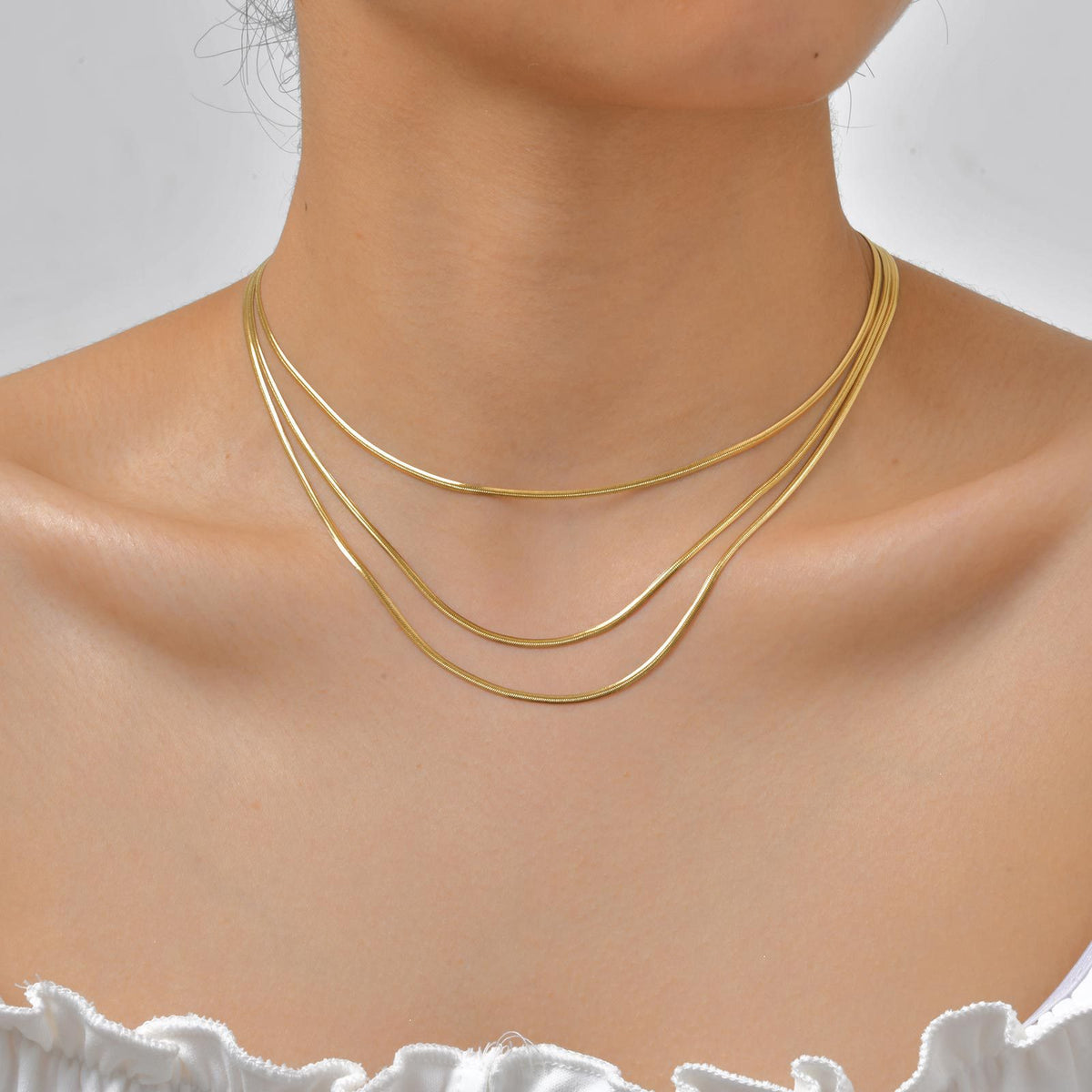 Wind Stainless Steel Multi-Layer Three-Layer Flat Snake Chain Necklace Gold-Plated Lady