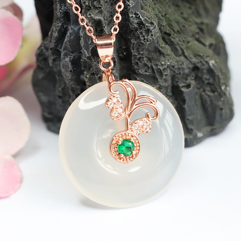 Butterfly Pendant Necklace with Natural White Chalcedony in Rose Gold