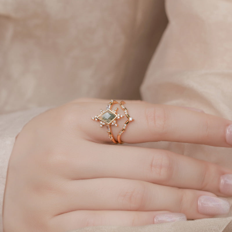 Planderful Jewelry Green Moss Agate Ring In Sterling Silver With Gold Plating For Everyday Elegance