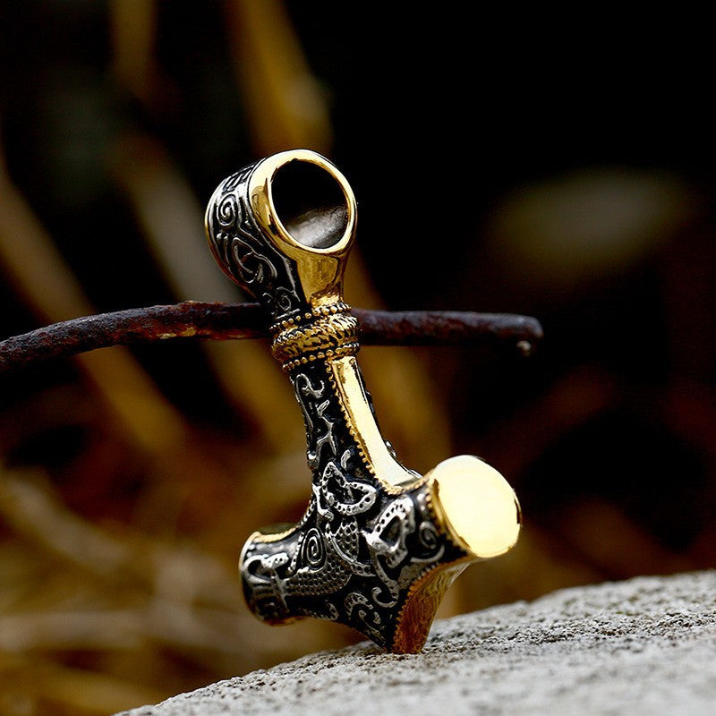 Titanium Steel Viking Rune Pendant with Celtic Knot Design - Retro Black Gold for Men