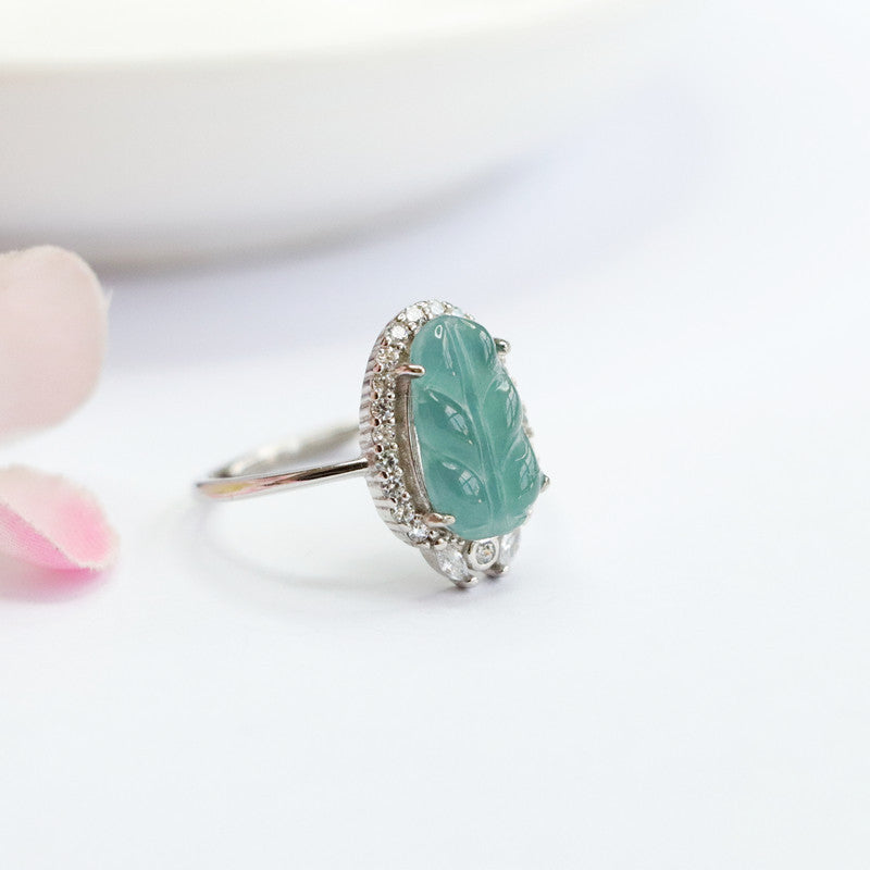 Sterling Silver Adjustable Ice Blue Green Jade Leaf Ring