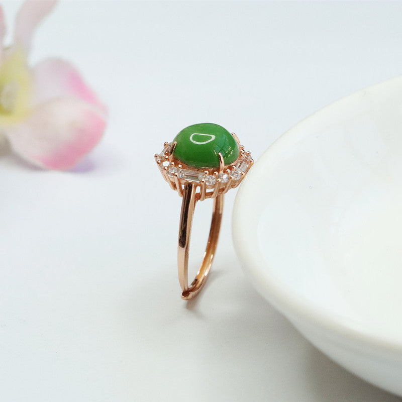 Hetian Jade and Jasper Silver Ring with Zircon Accents