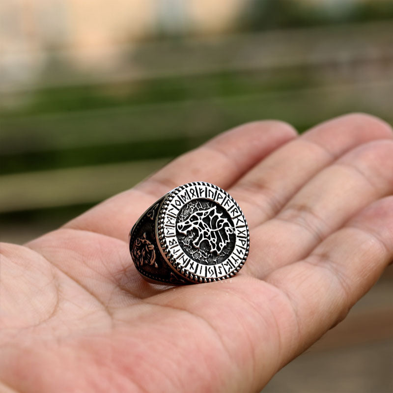 Nordic Wolf Head Titanium Steel Ring – Retro Viking Letter Jewelry for Men