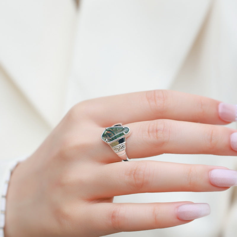 Planderful Jewelry Green Moss Agate Ring In Sterling Silver S925 With Modern Geometric Silhouette