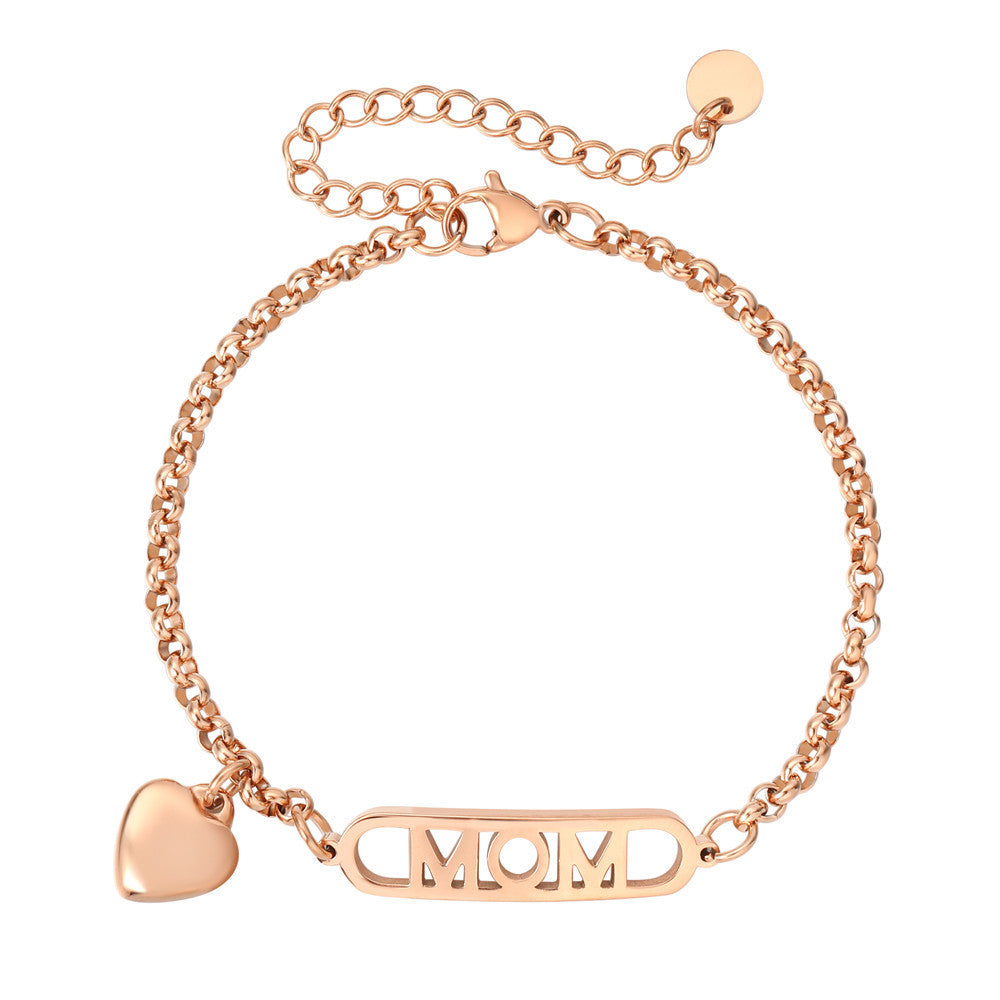 Planderful Rose Gold MOM Bracelet For Moms With Peach Heart Charm Japanese Korean Sweet Letters Everyday Gift