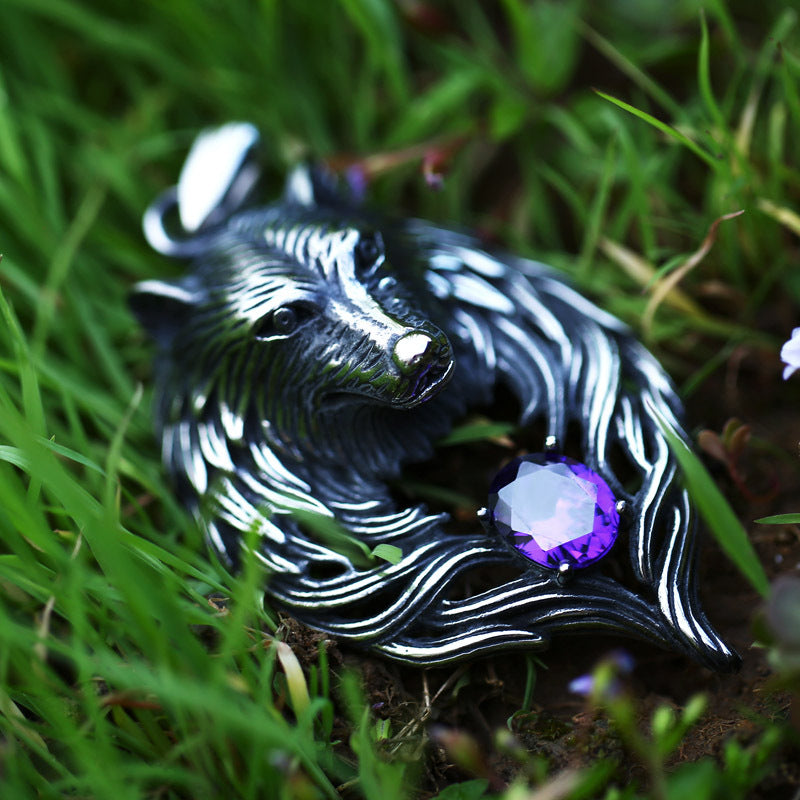 Viking-Inspired Titanium Steel Wolf Head Pendant with Stone Accents for Men