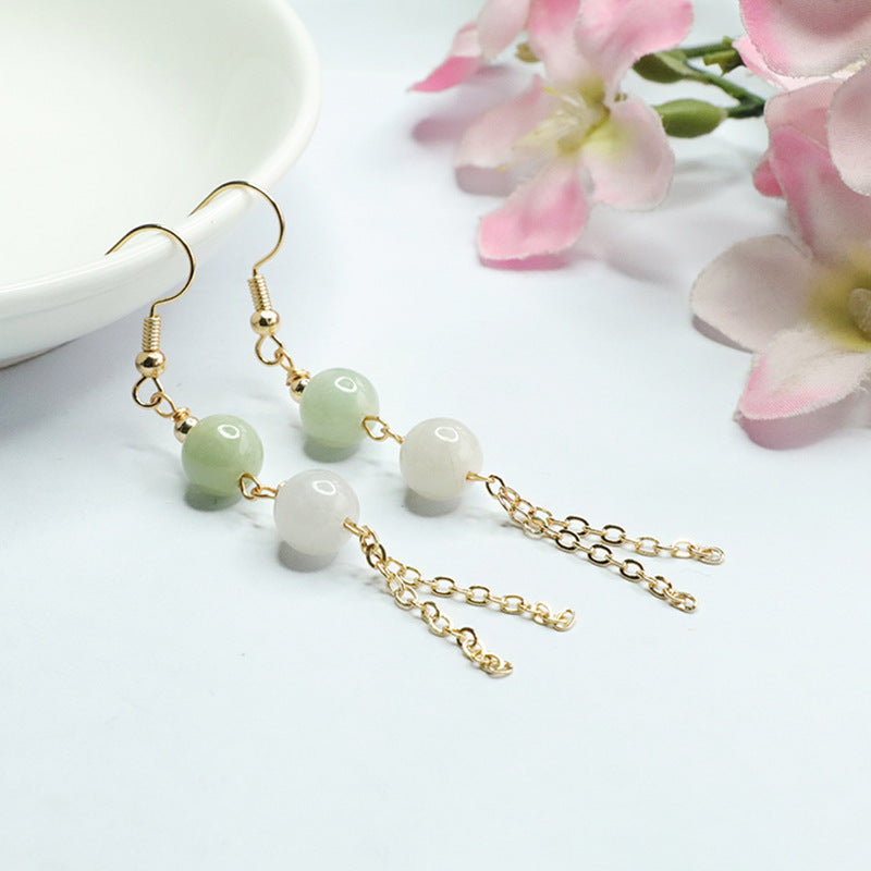 Jade Double Bead Tassel Earrings with Sterling Silver Ear Hooks
