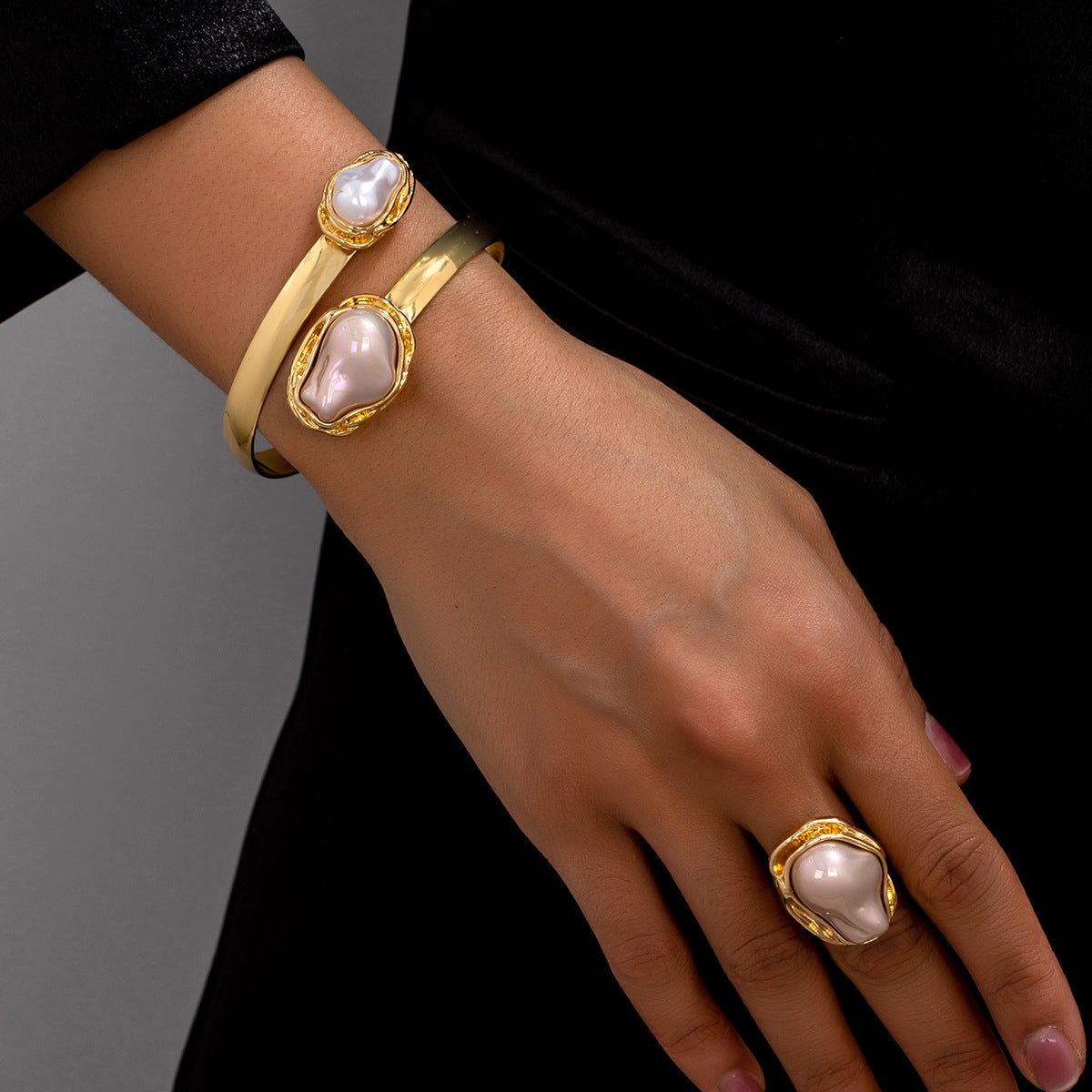 Elegant Pearl Ring and Bracelet Set by Planderful for Women