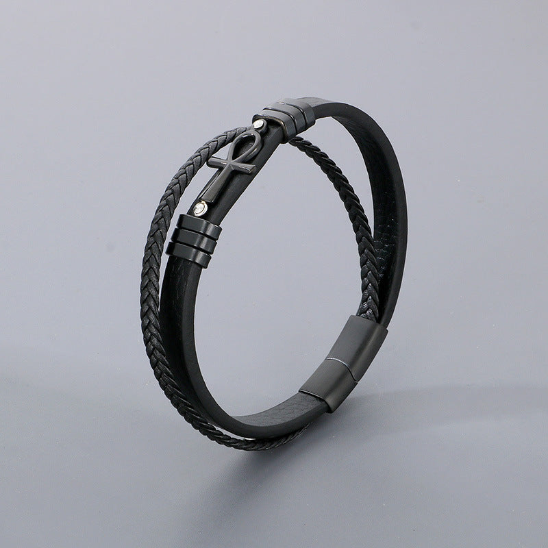 Planderful Leather Magnetic Buckle Handwoven Mens Bracelet