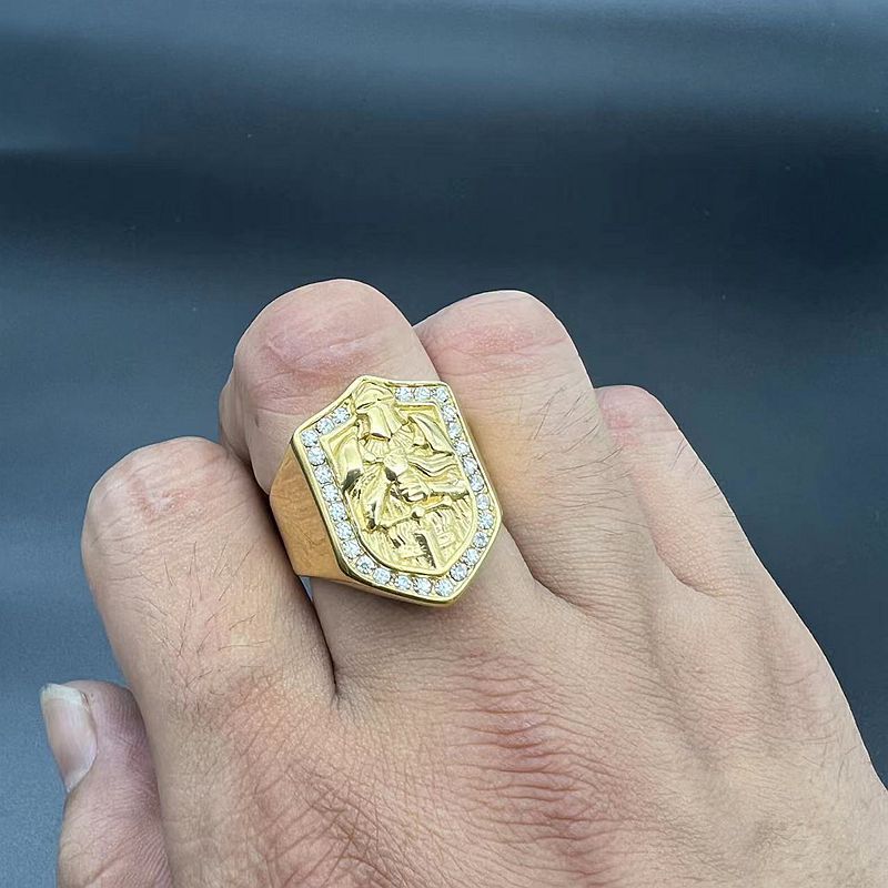 Planderful Hip Hop Ring Titanium Gold Plated Rhinestone Men