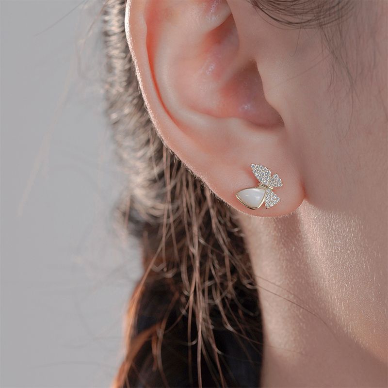Butterfly with Mother of Pearl and Zircon Silver Stud Earrings