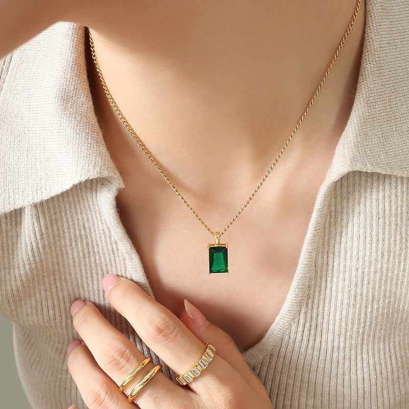 Emerald Zircon Square Pendant Necklace - Elegant Titanium Steel Design