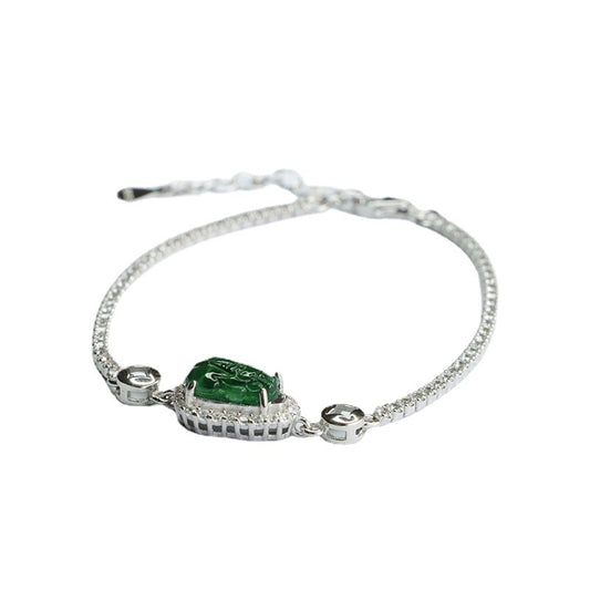 Sterling Silver Pixiu Bracelet with Natural Jade Inlay